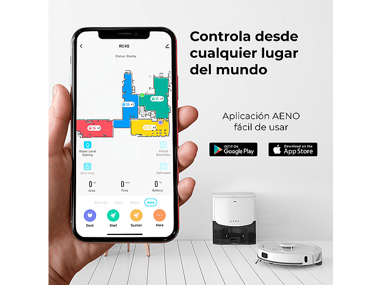 Robot aspirador - Aeno RC4S, 14,4 V, Depósito 0,3 l, Autonomía 250 Min., Blanco