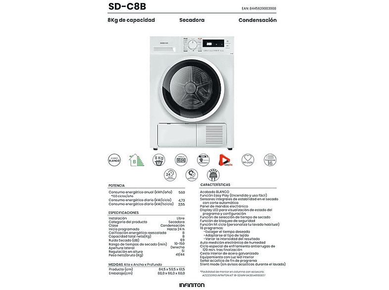 Secadora condensación - Infiniton SD-C8B, Condensación, 8 kg, 16 programas, Blanco
