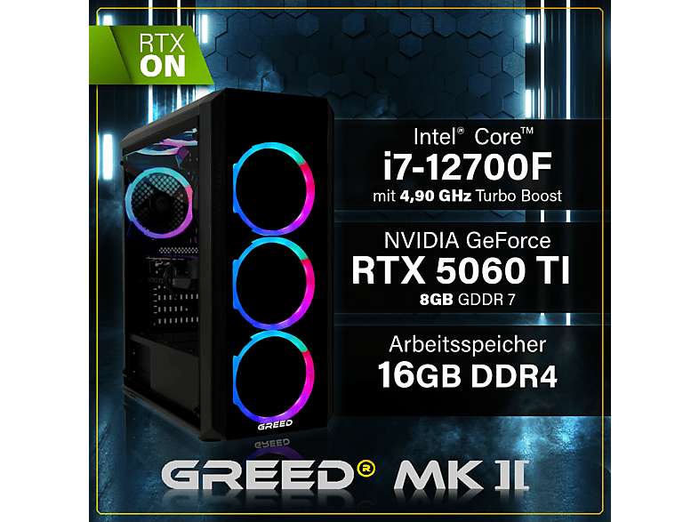 PC Gaming - Greed MK2 Intel | Gaming Ordenador / Computer, Intel Core i7-12700F, 16 GB RAM, 1000 GB SSD, GeForce RTX™ 5060 Ti, Windows 11 Pro, Negro