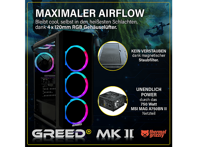 PC Gaming - Greed MK2 Intel | Gaming Ordenador / Computer, Intel Core i7-12700F, 16 GB RAM, 1000 GB SSD, GeForce RTX™ 5060 Ti, Windows 11 Pro, Negro