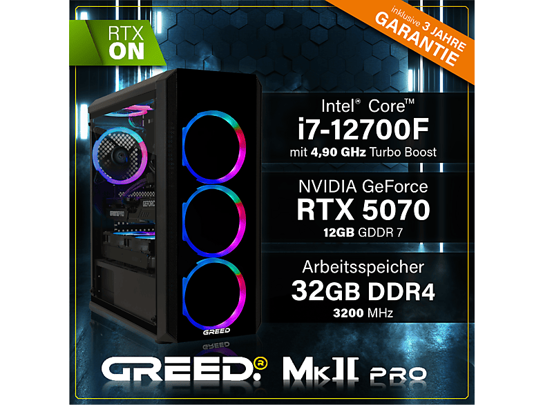 PC Gaming - Greed MK2 Pro Intel | Gaming Ordenador / Computer, Core™ i7-12700F, 32 GB RAM, 1 TB SSD, GeForce RTX™ 5070, Windows 11 Pro, Negro