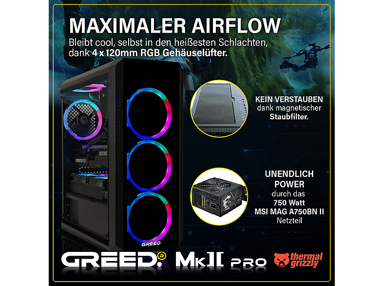 PC Gaming - Greed MK2 Pro Intel | Gaming Ordenador / Computer, Core™ i7-12700F, 32 GB RAM, 1 TB SSD, GeForce RTX™ 5070, Windows 11 Pro, Negro