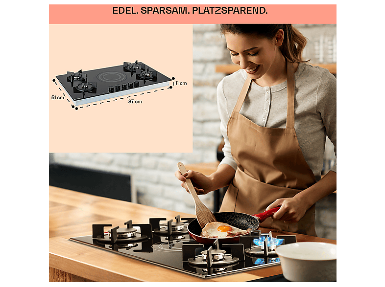 Placa de gas - Klarstein MultiChef, 5 zonas, 87 cm, Negro