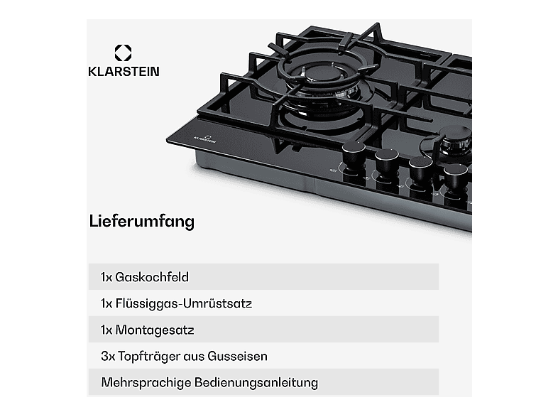 Placa de gas - Klarstein Ignito Chef Edition, 5 zonas, 90 cm, Negro