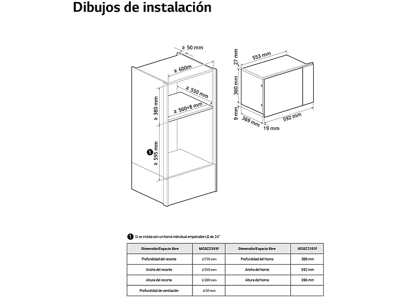 Microondas con grill integrable - LG MGBZ2593F, 900 W, 8 potencia, 25 l, Cristal Negro