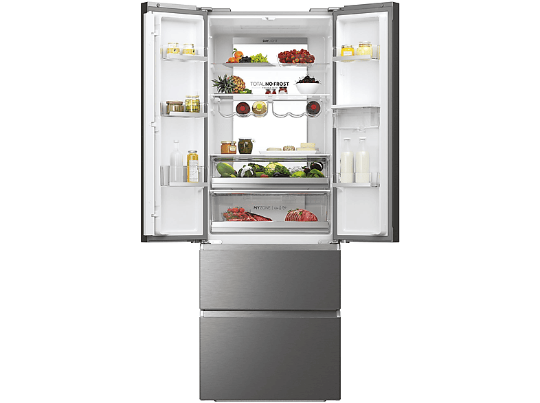 Frigorífico americano - Haier HFW7720EWMP, No Frost, Dinámico (con ventilador), Altura 2006 mm, Capacidad 477 l, Plata