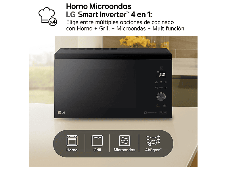 Microondas con horno - LG MJ3965BPS, 39 L, 4 en 1, Grill, Multifunción