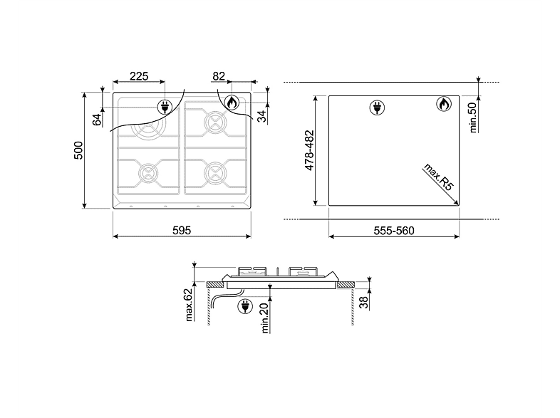 Placa de gas - Smeg 8017709233341, 4 zonas, Gas Natural, Gas Butano, Gas Propano, 59,5 cm, Inox