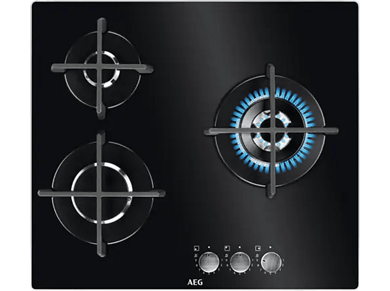 Placa de gas - AEG HKB63320NB, 3 zonas, Gas Natural, 590 mm, Cristal negro