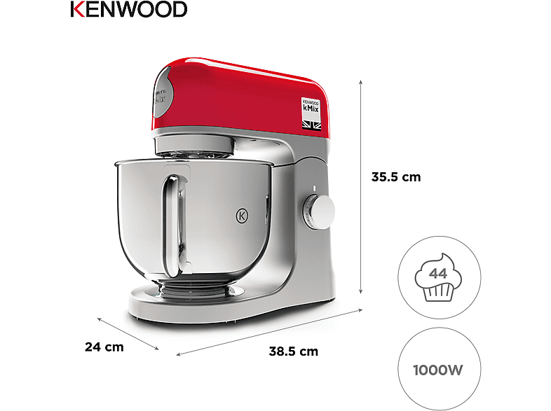 Robot de cocina - Kenwood kMix KMX750RD, Amasadora de repostería, 1000 W Bol de 5 l, 6 Velocidades, Rojo