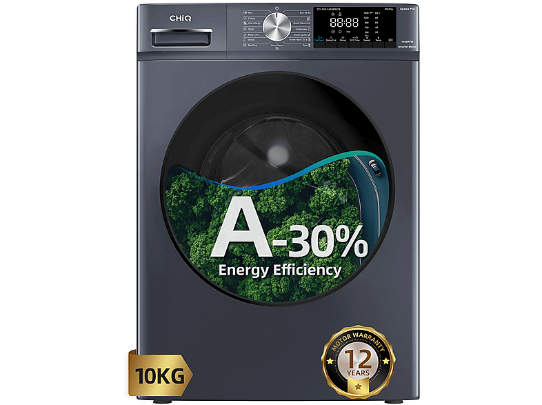 Lavadora carga frontal - Chiq CFL100-14586IM3XA, Space PRO, Motor inverter, 1400 rpm, Programa inteligente, Función Vapor, 10 kg, 16 programas
