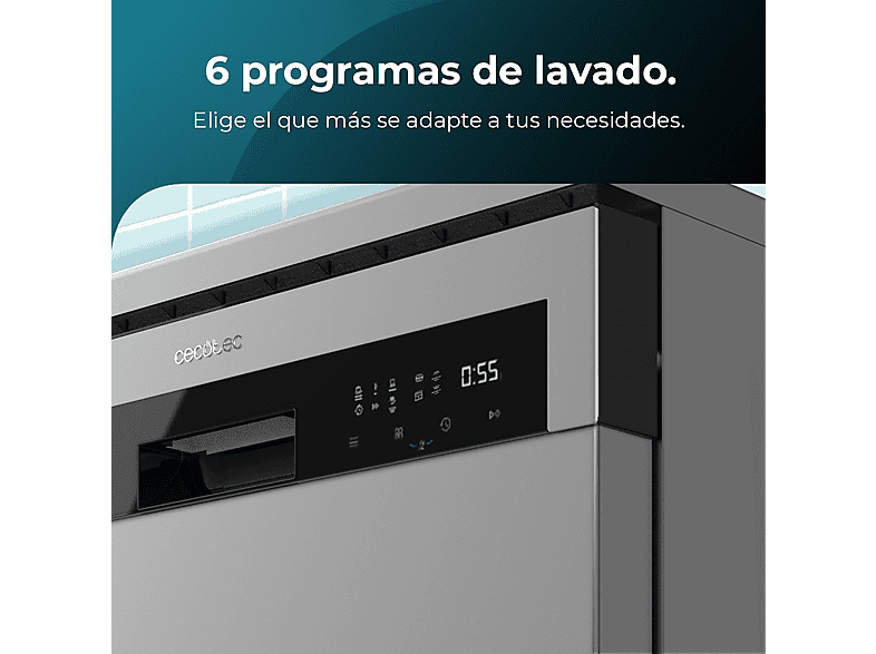 Lavavajillas libre instalación 60 cm - Cecotec 2779 BOLERO AGUAZERO 6500 INOX C, 15 servicios, 6 programas, 60,0 cm, Plateado