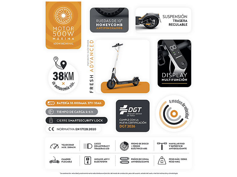 Patinete eléctrico - Olsson FRESH ADVANCED homologado DGT 38km autonomía, Pot. máx. 500 W, Carga máx. 120 kg, 10000 mAh, Blanco
