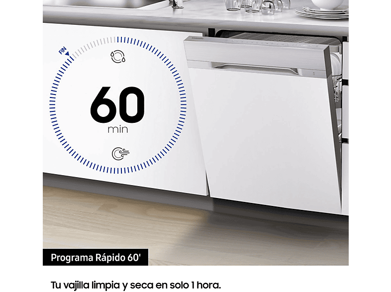 Lavavajillas - Samsung DW60M6050FS, 14 servicios, 7 programas, 59.8 cm, Función Higiene, Configuración Flexible, Inox