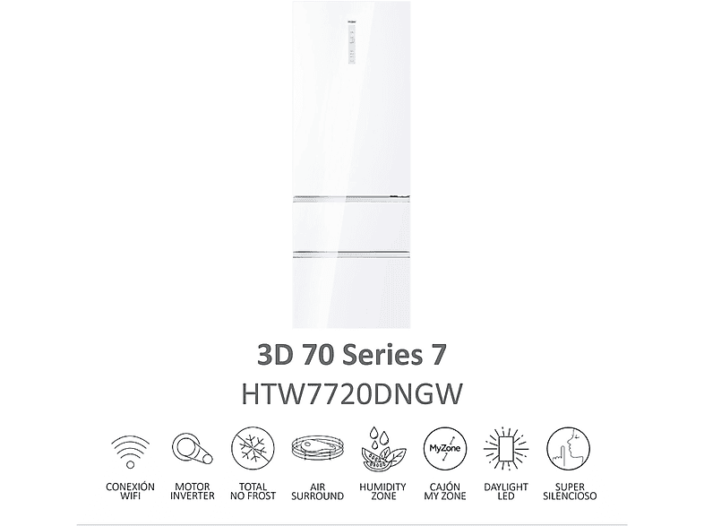 Frigorífico combi - Haier HTW7720DNGW, No Frost, Total No FrostInverterHumidity Control SystemMy ZoneCircular AirFlow, Altura 2006 mm, Capacidad 483 l