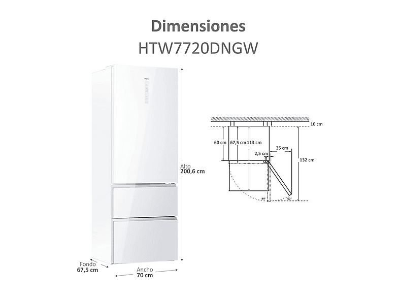 Frigorífico combi - Haier HTW7720DNGW, No Frost, Total No FrostInverterHumidity Control SystemMy ZoneCircular AirFlow, Altura 2006 mm, Capacidad 483 l