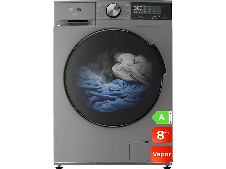 Lavadora carga frontal - Evvo Nova 8X, 8 kg, 13 programas, Gris