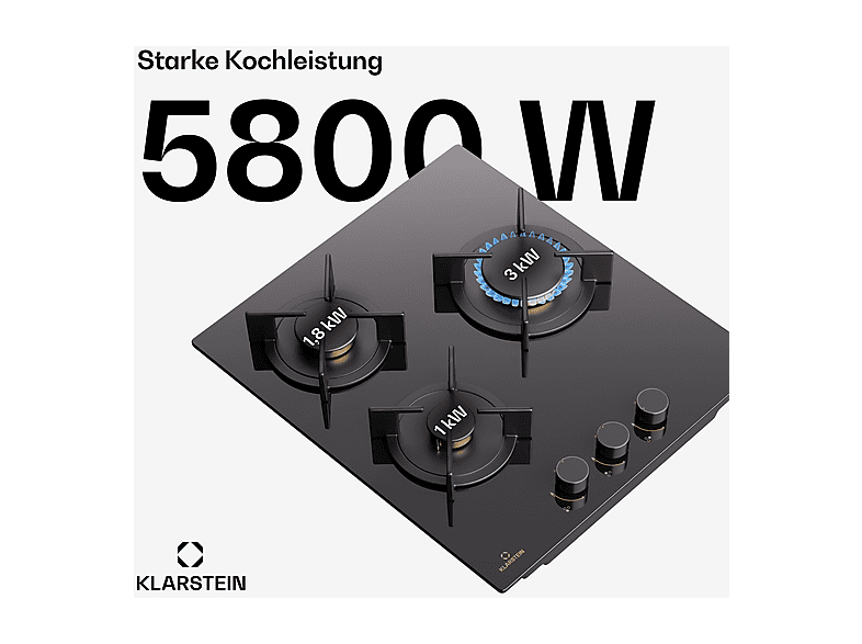 Placa de gas - Klarstein Goldflame 3 45cm, 3 zonas, Negro