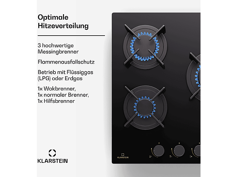 Placa de gas - Klarstein Goldflame 3 45cm, 3 zonas, Negro