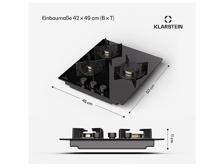 Placa de gas - Klarstein Goldflame 3 45cm, 3 zonas, Negro