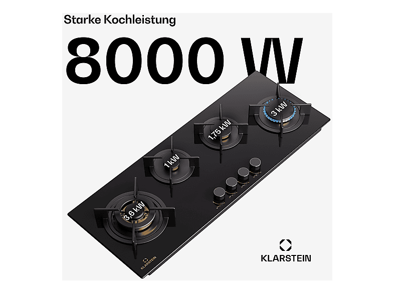Placa de gas - Klarstein Goldflame, 4 zonas, 90 cm, Negro