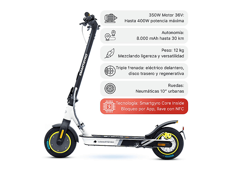Patinete eléctrico - Smartgyro Z-ONE 2 GRAY 2, Pot. máx. 400 W, Carga máx. 100 kg, 30 km autonomía, 8000 mAh, Gris