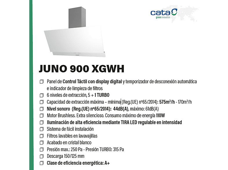 Campana decorativa - Cata JUNO 900 XGWH, 6 velocidades, 575 m³/h, 90 cm, Blanco