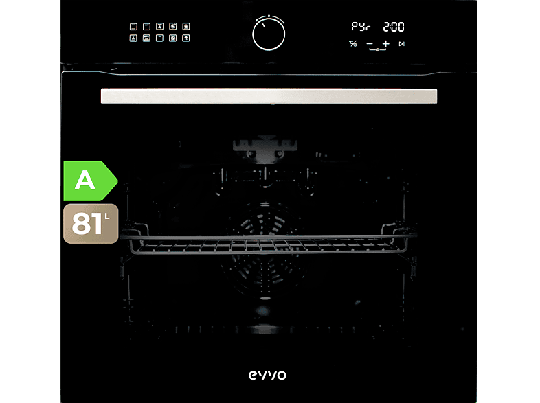 Horno pirolítico - Evvo H30 Black, Integrable con marco incluido, Pirolítico, 81 l, 59,5 cm, Negro