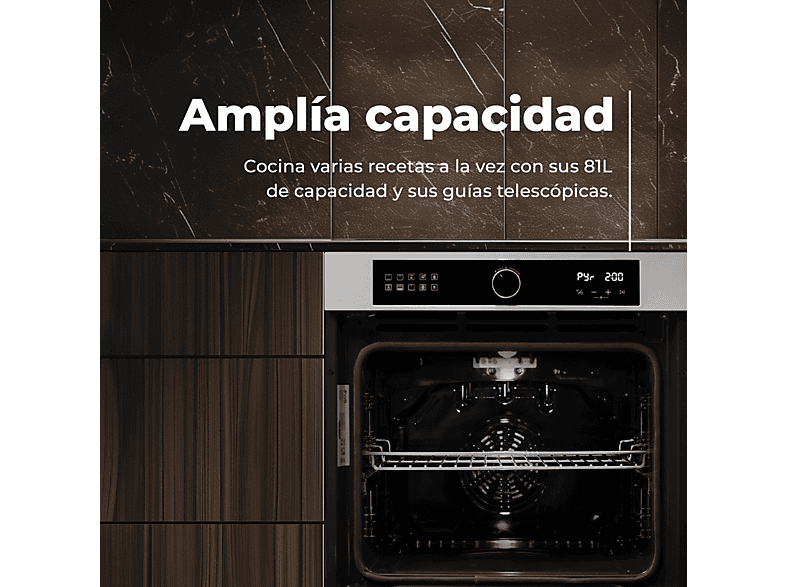 Horno pirolítico - Evvo H30 Black, Integrable con marco incluido, Pirolítico, 81 l, 59,5 cm, Negro