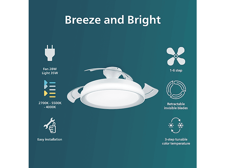 Ventilador de techo - Philips Bliss 2024 DC, 35 W, 6 velocidades, Aspas retráctiles, Blanco