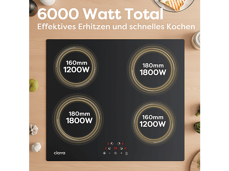 Placa de inducción - Ciarra VM4BIH-D, 4 zonas, 590 mm, Negro