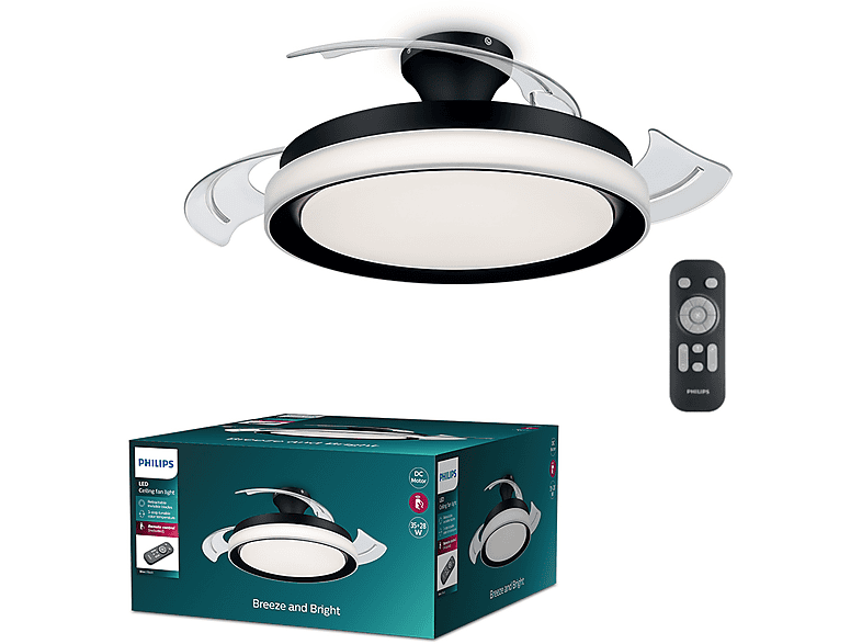Ventilador de techo - Philips BLISS DC 28W+35W 27-55-40K BLACK, 6 velocidades, Aspas retráctiles, Negro