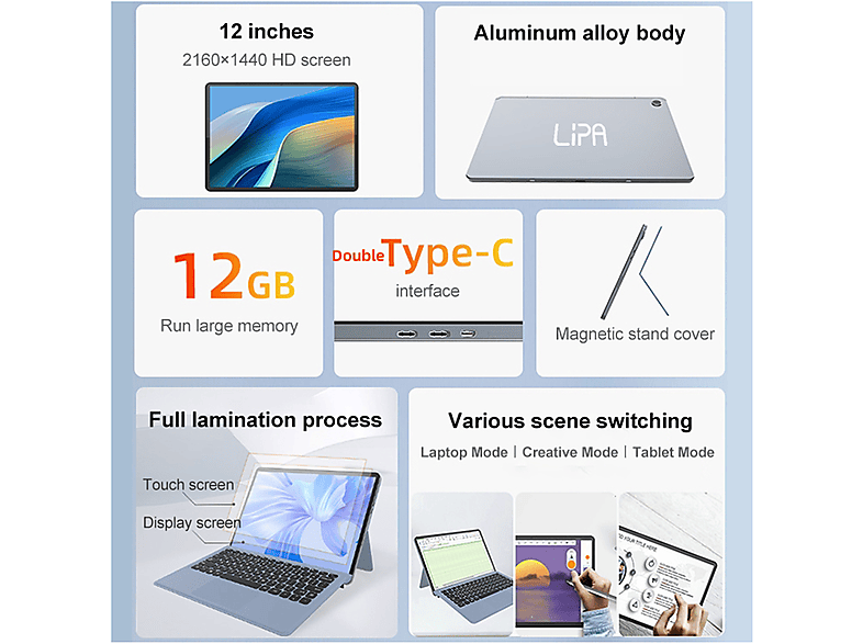 Tablet - Lipa Jumper V12  Windows 11, 256 GB, Negro, 12,2 " UFHD, 12 GB RAM, Intel Gemini Lake N4100 2.4 GHz quadcore, Tablet Windows 11 Home