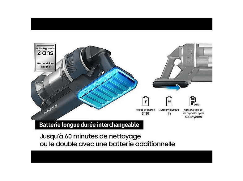 Aspirador escoba - Samsung VS20B75BCR5/WD, 550 W, Potencia de succión 200 AirWatt, Depósito 0,8 l, Autonomía 60 min, Negro, Cromo