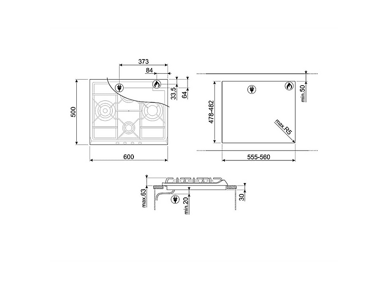 Placa de gas - Smeg 100314786, 4 zonas, Gas Natural, Gas Butano, Gas Propano, 60 cm, Inox