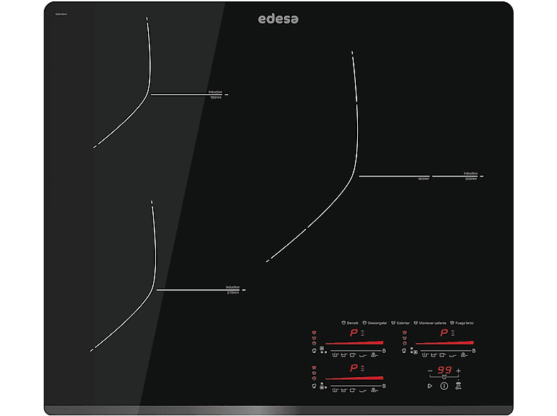 Placa de inducción - Edesa 922272043, 3 zonas, 590 mm, Negro