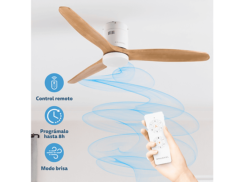 Ventilador de techo - Grunkel Con luz LED SKYWIND-52WB, 40 W, 6 velocidades, Blanco, Madera