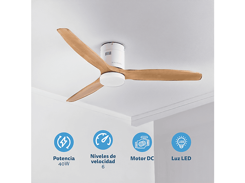 Ventilador de techo - Grunkel Con luz LED SKYWIND-52WB, 40 W, 6 velocidades, Blanco, Madera
