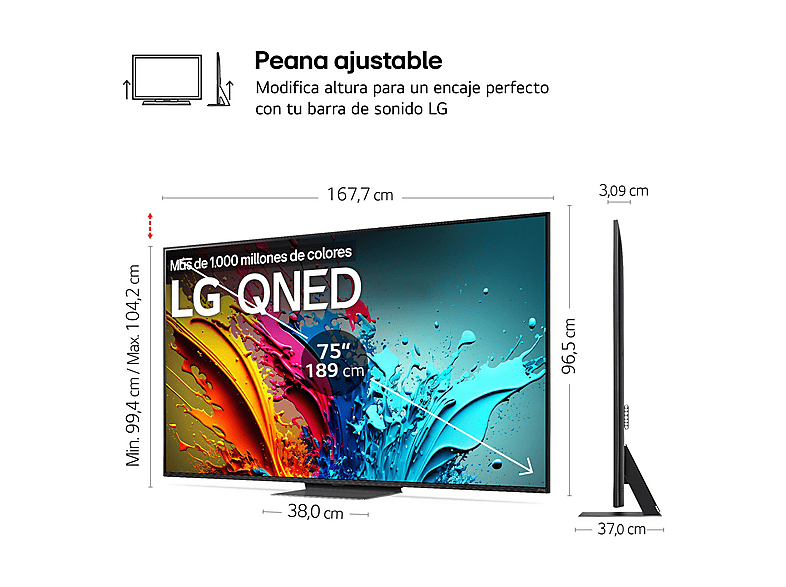 TV QNED 75" - LG 75QNED87T6B.AEU, UHD 4K, Procesador Inteligente 4K α8, Smart TV, DVB-T2 (H.265), Negro Grafito