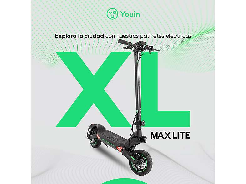 Patinete eléctrico - Youin XLMAX LITE, Pot. máx. 1200 W, Carga máx. 120 kg, 45 km autonomía, 12500 mAh, Negro
