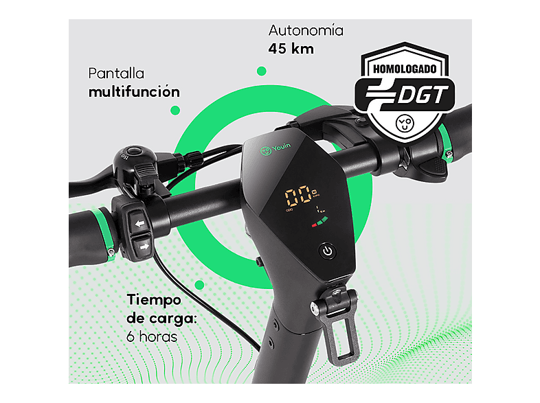 Patinete eléctrico - Youin XL3, Pot. máx. 800 W, Carga máx. 120 kg, 45 km autonomía, 12500 mAh, Negro