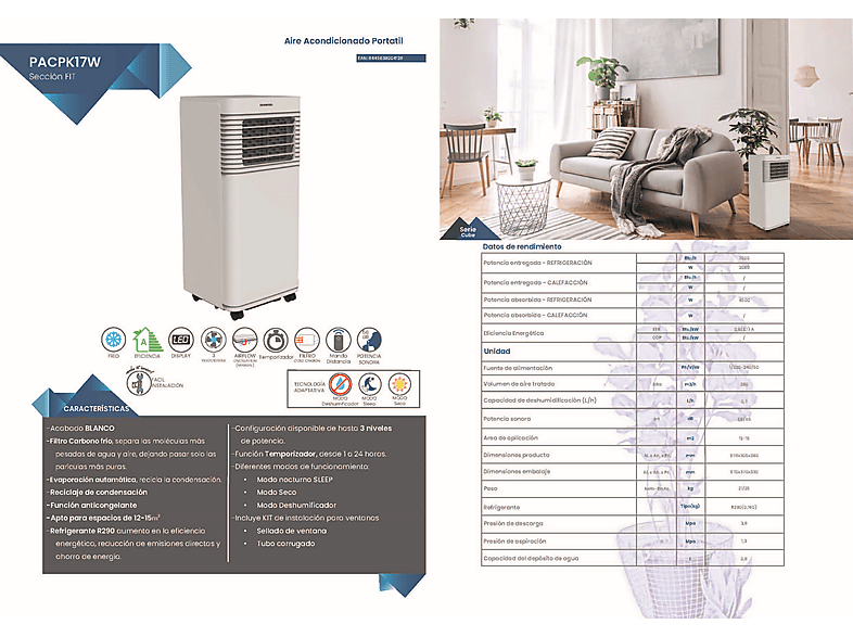 Aire Acondicionado Portatil - Infiniton PACPK17W, 17000 fg/h, 17 m², 56 dB(A), Blanco