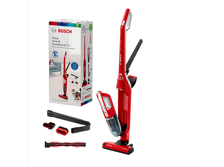 Aspirador escoba - Bosch BBH3ZOO25, 25,2 V, Depósito 0,4 l, Autonomía 55 min, Rojo