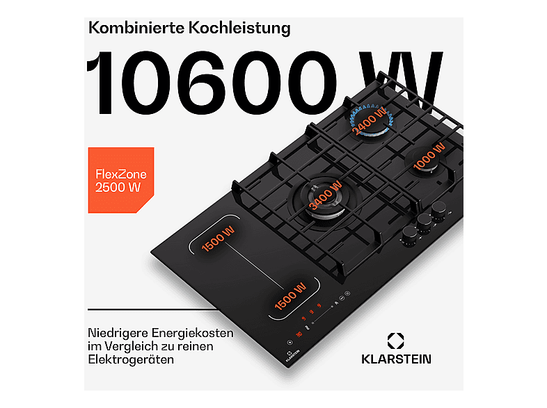 Placa de gas - Klarstein MultiChef 5 inducción, 3 zonas, 90 cm, Negro