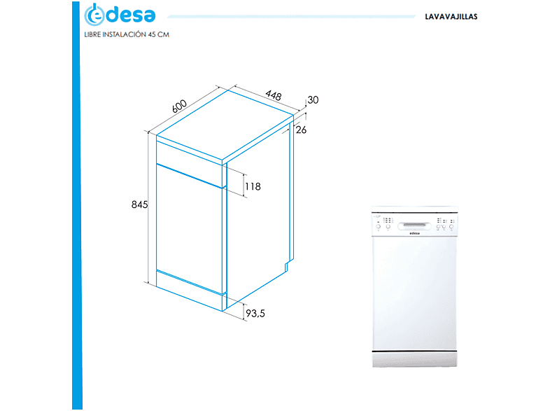 Lavavajillas libre instalación 45 cm - Edesa EDW-4610 WH, 10 servicios, 6 programas, 44,8 cm, Inox