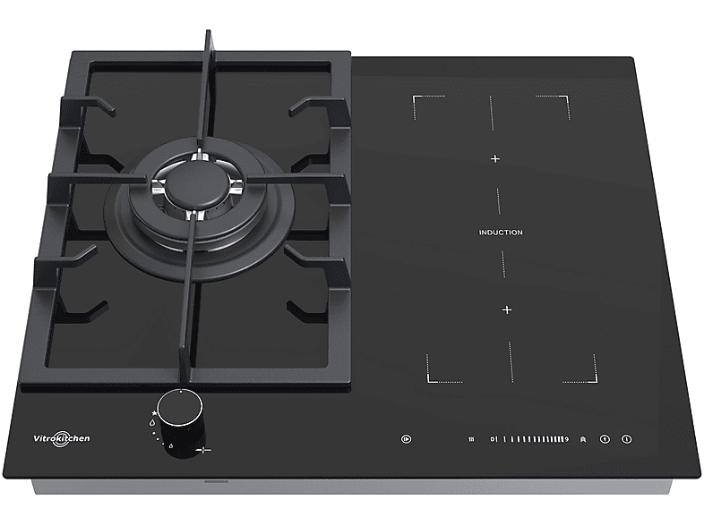 Placa de gas - Vitrokitchen VG611NN con placa de inducción, 3 zonas, 58 cm, negro