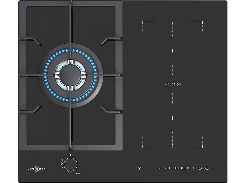 Placa de gas - Vitrokitchen VG611NN con placa de inducción, 3 zonas, 58 cm, negro