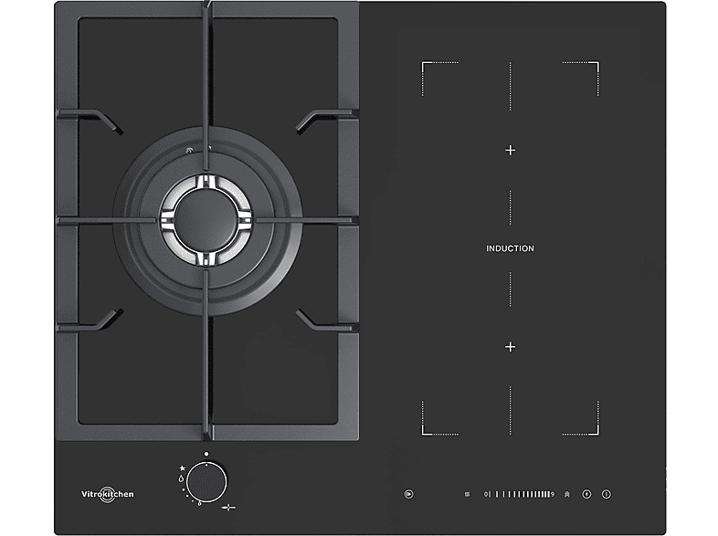 Placa de gas - Vitrokitchen VG611NB con placa de inducción, 3 zonas, 58 cm, negro