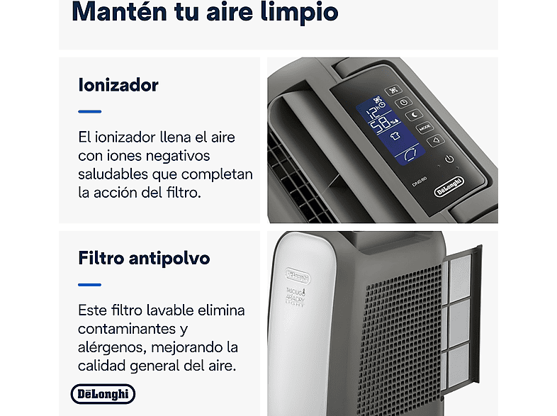 Deshumidificador - De Longhi, De'Longhi Tasciugo AriaDry Light DNS80, Extracción 7.5 l/día, Depósito de 2,8 l, Superficia de 85 m³, Pantalla LCD, Gris