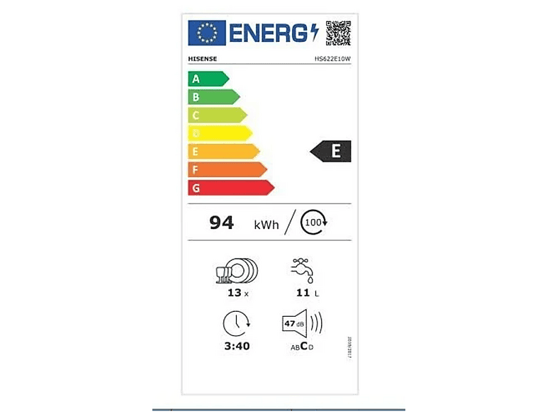 Lavavajillas libre instalación 60 cm - Hisense HS622E10W, 13 servicios, 7 programas, 598 mm, Blanco
